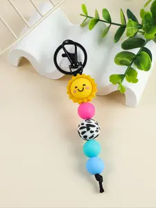 Teacher Exclusive Beaded Keychain, Candy Color Round Beads Mix Zebra Pattern, Unique Sunflower Smiley Face Design, Perfect Gift for Teachers