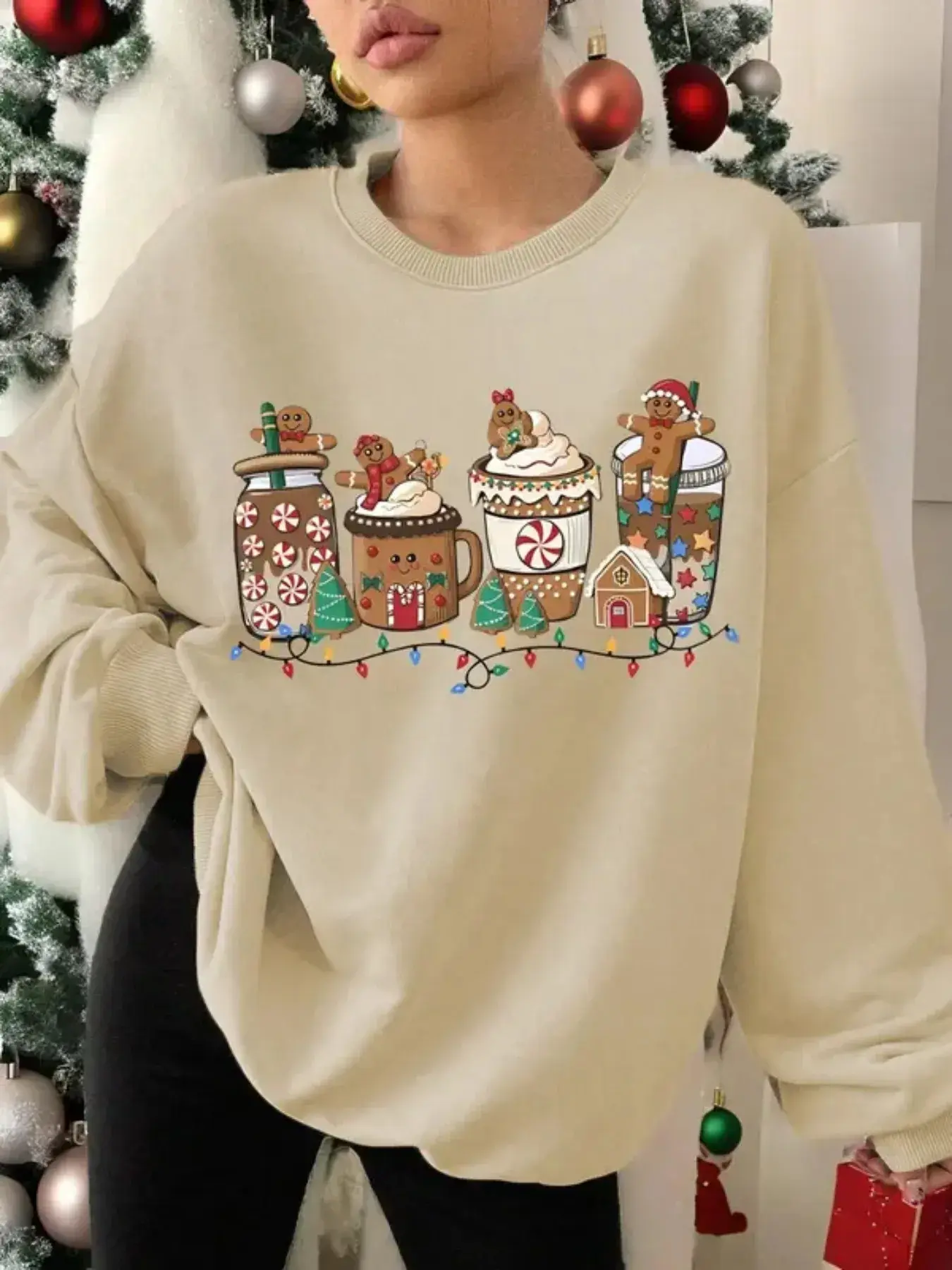 Women's Christmas Pajamas Set, Fun Gingerbread Man Design, Comfortable Casual Long Sleeve Round Neck Sleepwear for Fall & Winter