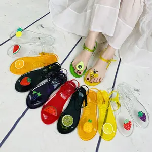 Women Flat Sandals PVC Fruit Jelly Shoes Round Toe Beach Slip On Non Slip Soft Sole Summer Casual Sandals Lemon Style