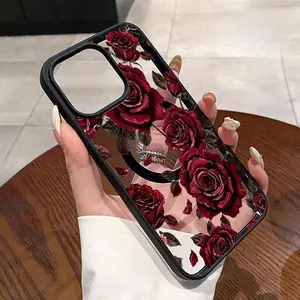 MagSafe Case for iPhone 17 16 Pro Max 15 Plus 14 13 12 11 XR E XS Velvet Rose Acrylic Transparent All Coverage support wireless charging Cell Phone Cover Gift for Girl