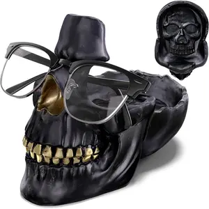 READAEER Skull Eyeglass Holder Creative Eyewear Holder Sunglasses Glasses Display Holder Keychain Resin Sculpture for Entrance Home Office Desk Bedside Table (Black)