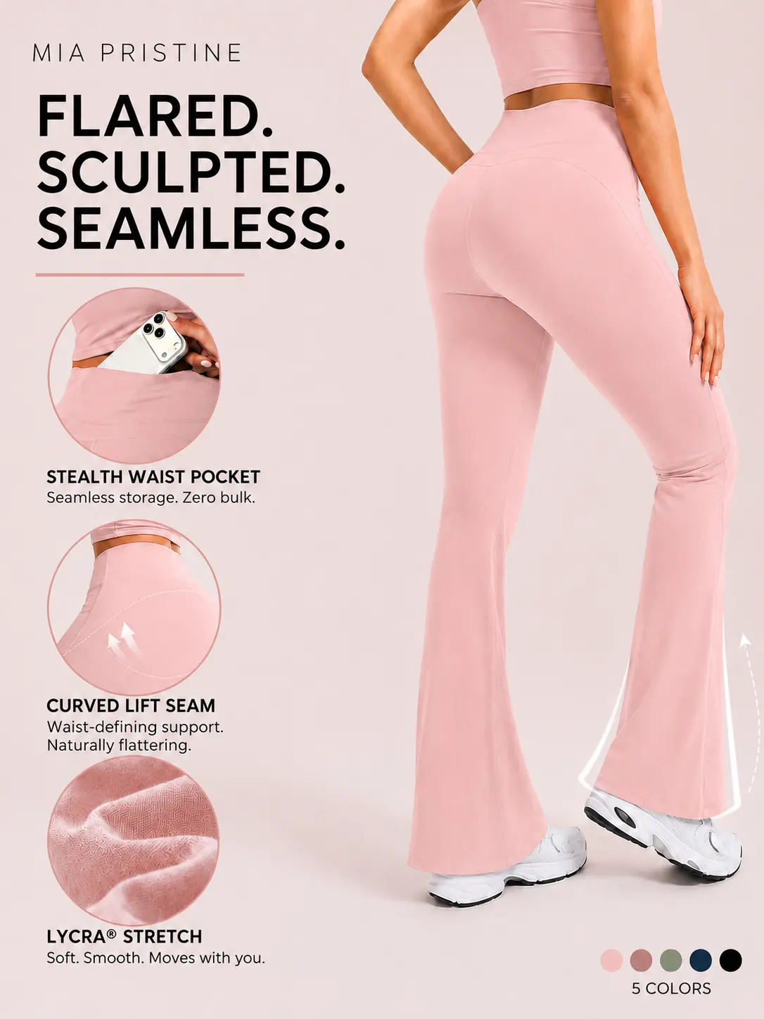MIA PRISTINE Women's High Waisted Flared Yoga Pants, Tummy Control Butt Lifting Sporty Bottoms with Lycra Stretch & Hidden Pocket, Sporty Sports Bottoms Highwaisted Yoga