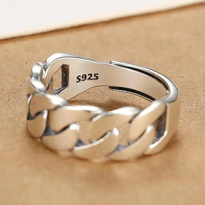 Unisex 925 Silver Adjustable Cuban Ring - Twisted Chain Classic Band with Metallic Detailing, Costume Jewelry for Index Finger, Engagement Ring, Adjustable Size Option, Engagement Rings, Adjustable Size Rings