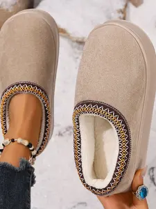 Unisex Winter Thickened Slippers, Suede Stitched Design, Eva Thick Sole Anti-Slip, Comfortable Fleece Lining, Indoor Home Use, Footwear