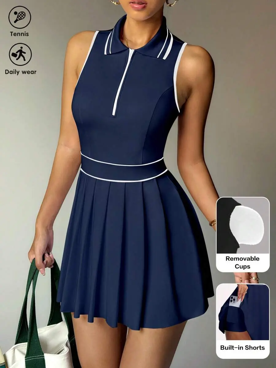 AESS x CourtClass Women Striped Half Zip Sleeveless Pleated Casual Fitness Workout Athletic Dress