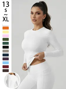 Women's Simple Solid Color Sporty Top, Comfortable High Waist Yoga Shirt, Elastic Fabric, High Stretch Sporty, Short Sleeve, Above the Ankle, Spring & Fall, Gym Performance Top, Sports Tops, Athletic Yoga Tops