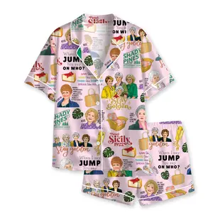 Golden Girls Pajama Set, Stay Golden Sleepwear, Shady Pines Pajamas, Funny TV Show PJs, Funny Vintage Lady Print Short Sleeve Button Up Sleepwear Lounge Set