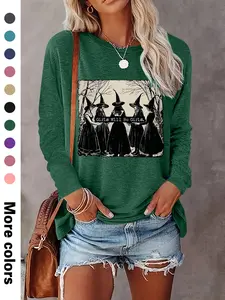 Women's Halloween Witch Print Round Neck Tee, Casual Long Sleeve Crew Neck Fitted T-shirt for Fall & Winter, Women's Clothes for Daily Wear, Womenswear