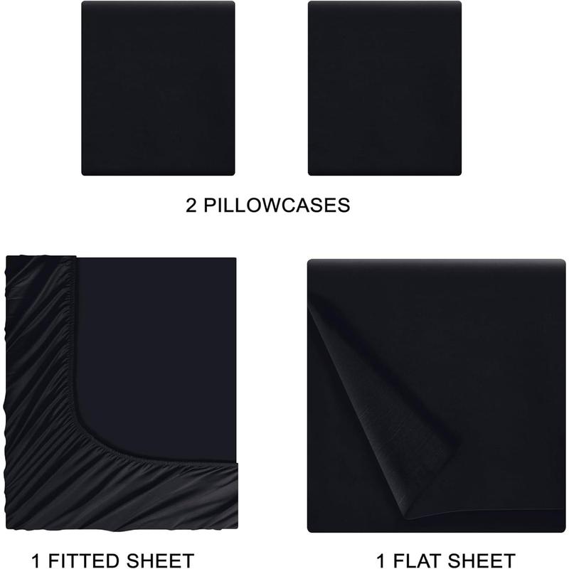 Queen Sheet Set - Double Brushed Microfiber Bedding Set Queen, 4 Piece Deep Pocket Queen Sheet - Soft,-Fit, Wrinkle Free, Quick Dry, Care Queen Sheets - Black