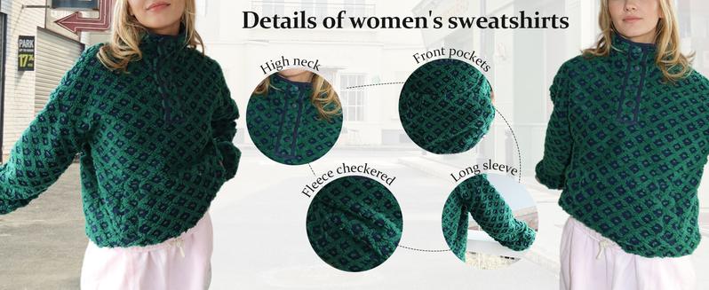 Hixiaohe Women's Plaid Hoodie Long Sleeved Sherpa Pullover Sweatshirt Half Buttoned High Neck Wool Plaid Oversized Top TikTokShopBlackFriday