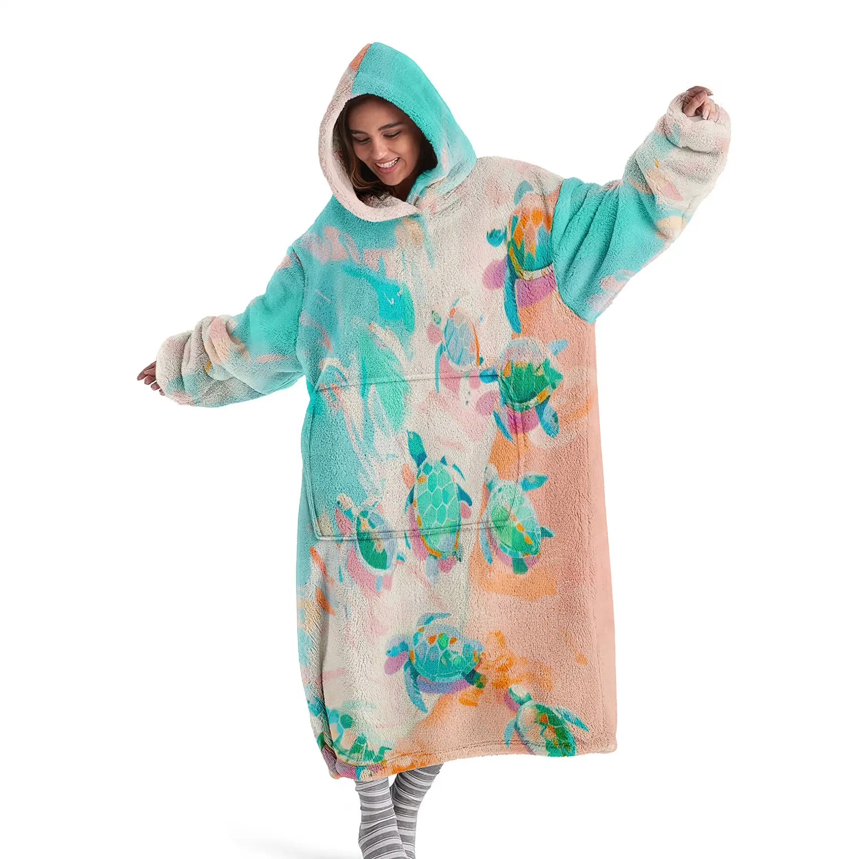 Cozy Hooded Blanket, Wearable Blanket, Blue Ocean Turtle World Digital Print Flannel Soft and Warm Blanket Ideal for Sofa Throw, Home Relaxation, Air-Conditioned, Nap; Perfect for Office, Bed, Camping, Travel