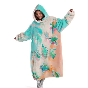 Hooded Blanket, Wearable Blanket, Blue Ocean Turtle World Digital Print Flannel Blanket Soft and Warm Blanket Ideal for Sofa Throw, Home Relaxation Blanket, Air-Conditioned Blanket, Nap Blanket Perfect for Office, Bed, Camping, and Travel, Versatile Use