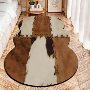 2D Flat velvet irregular rug with patchwork leather stitch pattern, machine washable non-slip carpet for bedroom, all seasons & holiday decor, durable & easy to clean.
