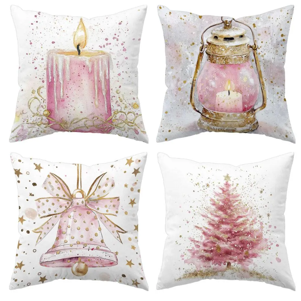 JIT Christmas Pillowcases Set of 4, Micro World Design, Includes Candle Lantern Tree Bell Patterns, Comfortable Decorative Pillows for Home Sofa Bedroom