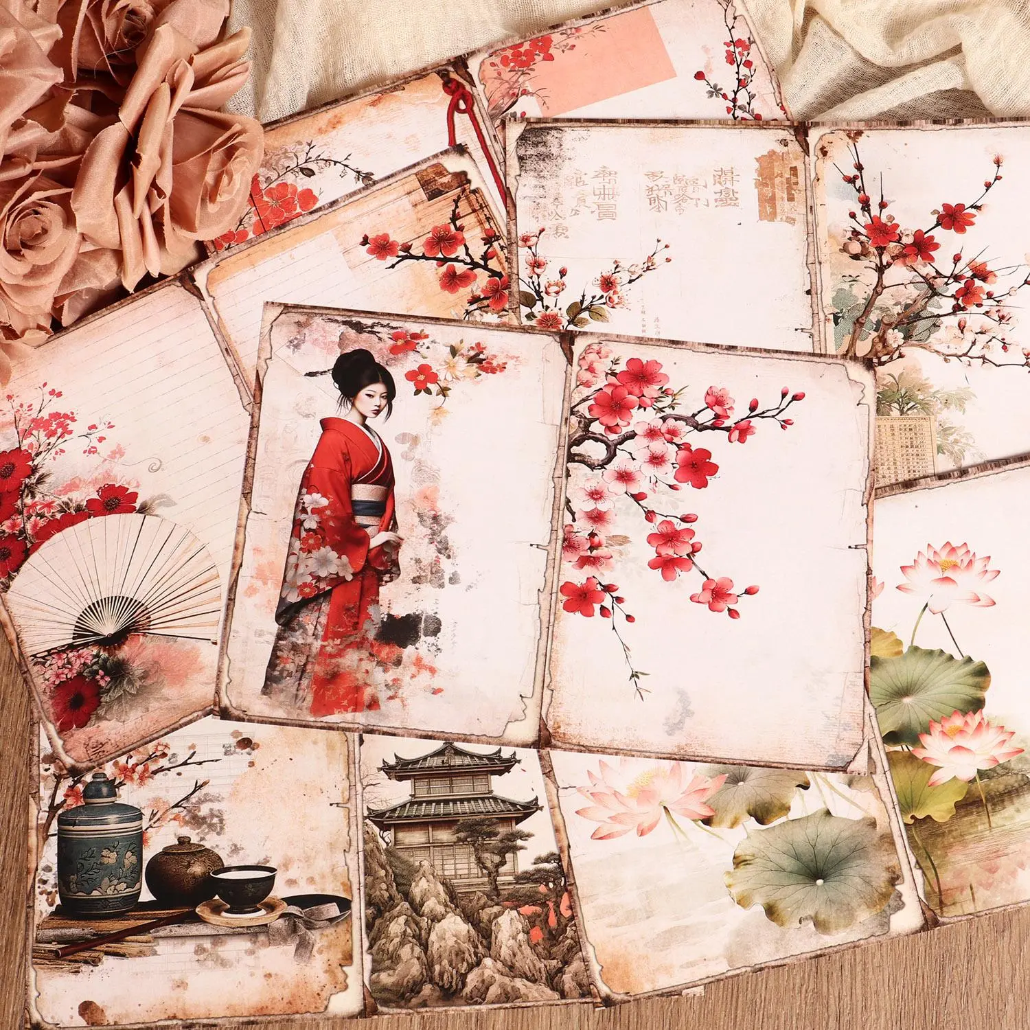 Cherry Blossom Pattern Notebook Paper & Sticker Set, Floral Pattern Sticker, 36pcs/set Vintage Scrapbook Decorative Paper, DIY Crafts, Scrapbooking Supplies, Scrapbook Accessories, Scrapbooking Ephemera