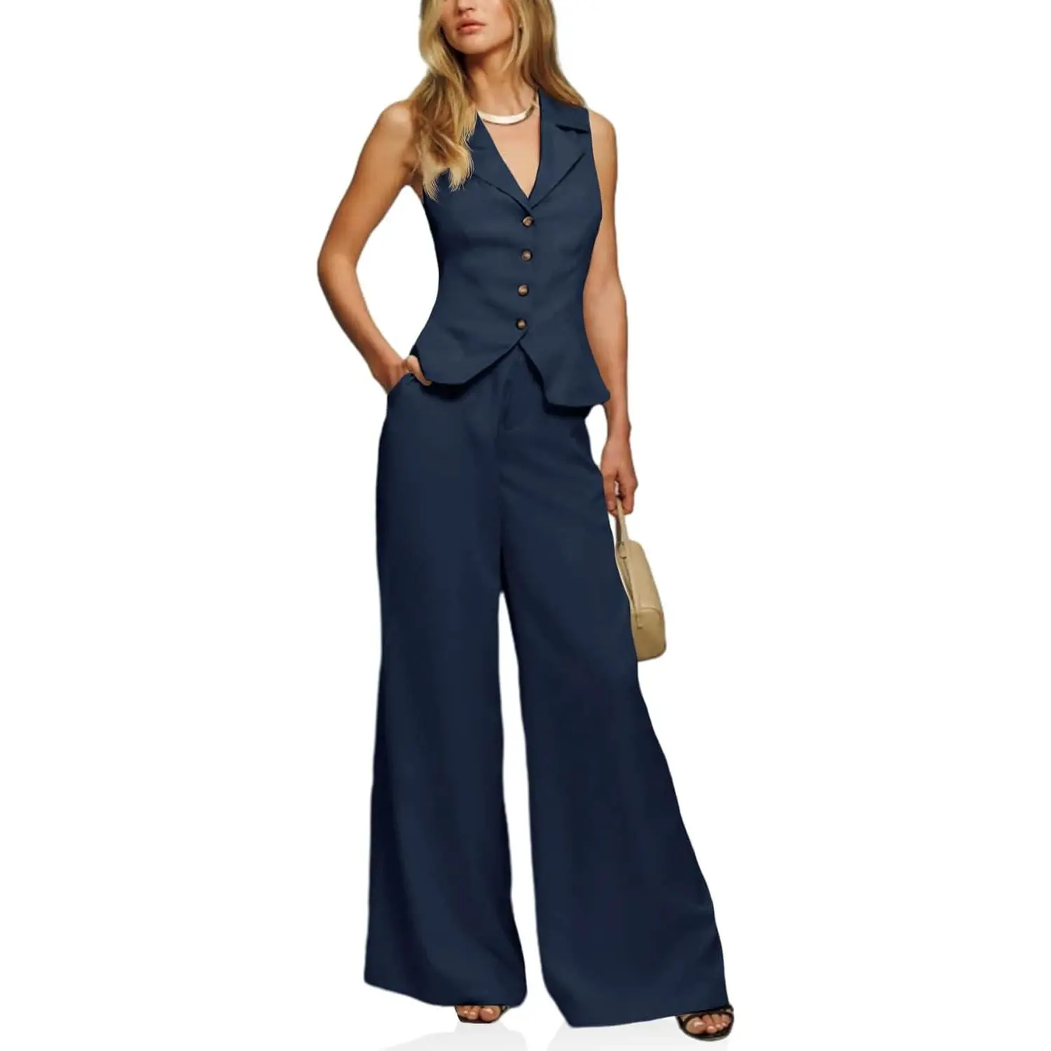 Goranbon Womens Vest Sets Summer 2 Piece Outfits Button Crop Blazer Vest and Wide Leg Pant Suits
