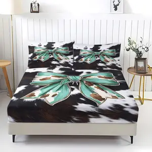 3pcs Blue Bow Black and White Patterned Printed Fitted Sheet Set, Retro Sweet and Cool Themed Bedding Set, Comfortable and Durable Ultra-Fine Fiber Bed Cover, Suitable for Personalized Bedrooms and Homestay Rooms.