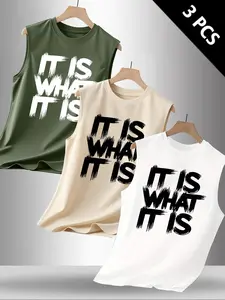 Men's Summer Casual Sleeveless Vest, Letter Graphic Pattern Print, Outdoor Sports Wear, Daily Versatile, 3 Pack, Fitted Style
