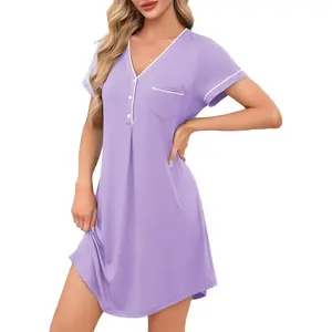 Sleep Shirts for Women Short Sleeve Nightshirt Tshirt Nightgown Button Down Sleepwear Shirt Dress