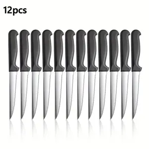 12/24-piece steak knife set with serrated blades and black plastic handles, ideal for family gatherings, wedding parties, and restaurant use. High-quality cutlery for steak cutting