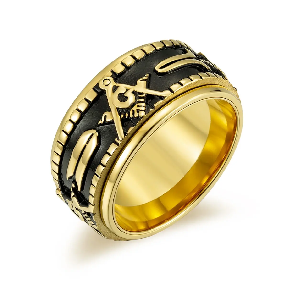Men's High-Quality Rotating Openwork Gold Filled Ring - Rotatable Stainless Steel Band, AG Letter Design, Daily Wear Fashion Accessory, Graduation Gift, Gold Filled Rings, Rotating Openwork Ring,summerwins