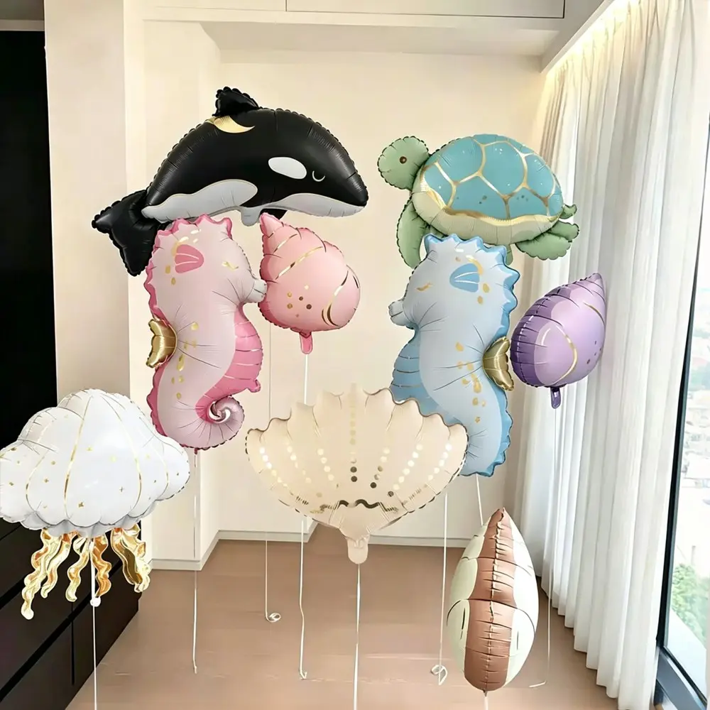 9pcs Matte Ocean Theme Aluminum Foil Balloons, Balloon Set, Starfish Shell Jellyfish Birthday Party Decor, Wedding Dreamy Background Decoration, Birthday Decorations