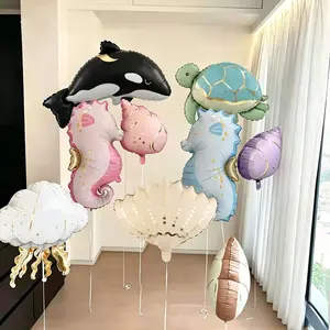 9pcs Matte Ocean Theme Aluminum Foil Balloons, Starfish Shell Jellyfish Birthday Party Decor, Wedding Dreamy Background Decoration