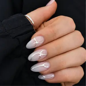 Silver Chrome Metallic Medium Almond Press On Nails – 24 pcs Fake Nails, Kit with Jelly Glue & File, Easy Application, Long-Lasting