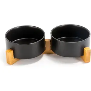 Ceramic Dog and Cat Bowl Set with Wooden Stand, Modern Cute Weighted Food Water Set for Small Size Dogs (13.5OZ) & Medium Sized Dogs (28.7OZ) & Cats (3.6 Cups, 2 × Black)
