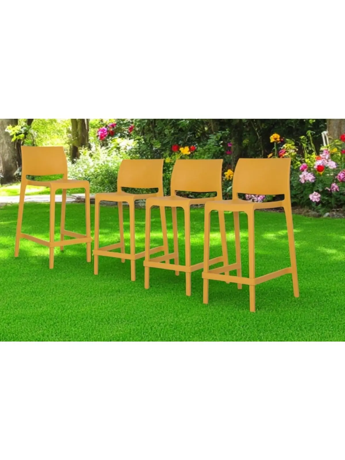 212 MAIN Stackable Chairs - 26 in. Yellow Heavy Duty Waterproof Plastic Low Back Armless Modern Outdoor Counter Height Bar Stools with Square Seat (Set of 4, Ideal for Campfire/BBQ Parties), Barstool