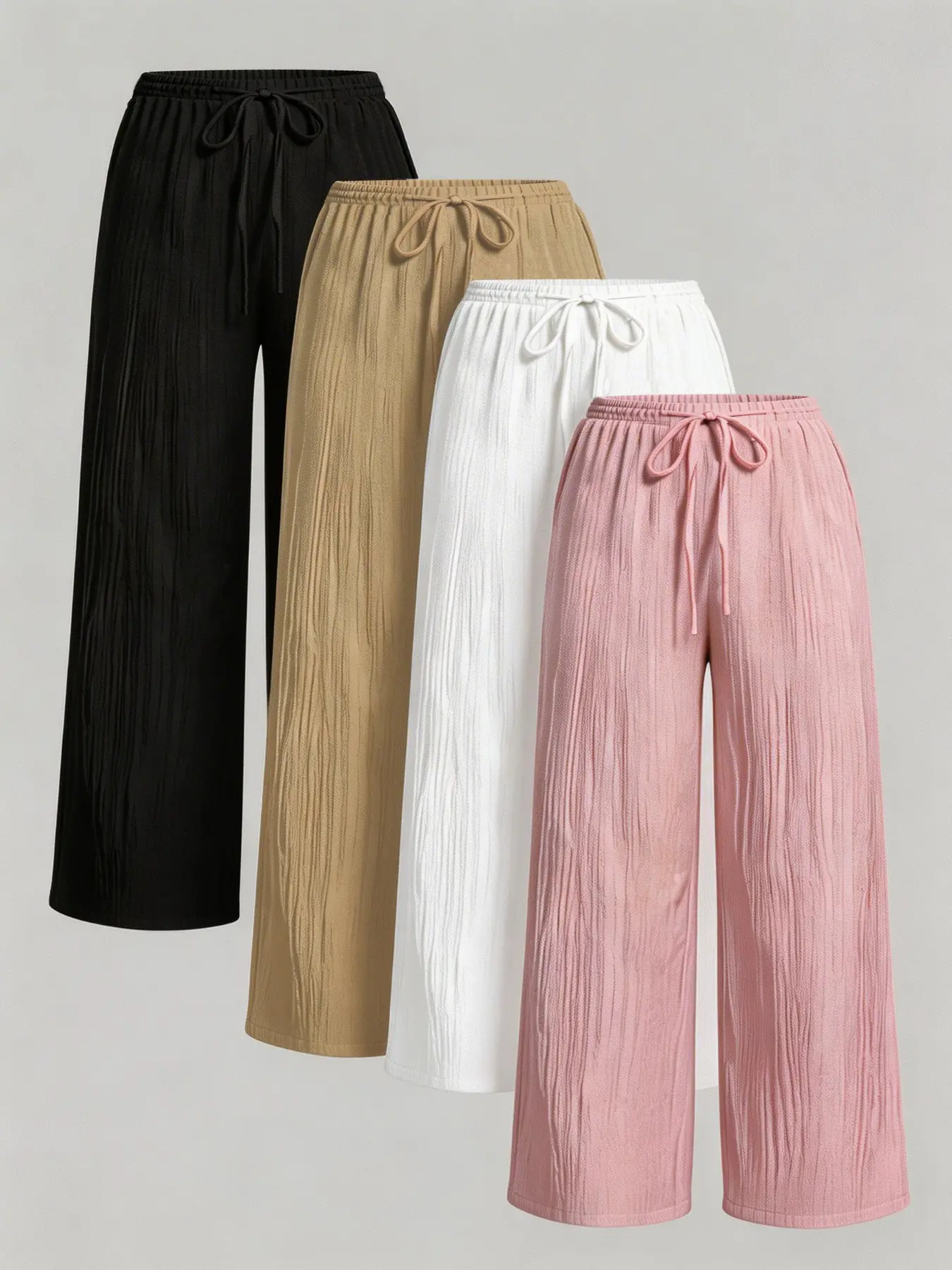 4-Color Womenswear Textured Fabric Adjustable Drawstring High Waist Wide Leg Pants Bottom - 2026 Trending Dopamine Casual Outfit, Soft Linen Blend Perfect for Daily & Commute
