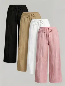 4-Color Textured Drawstring Wide Leg Pants - 2026 Trending Dopamine Casual Outfit, Soft Linen Blend Perfect for Daily & Commute