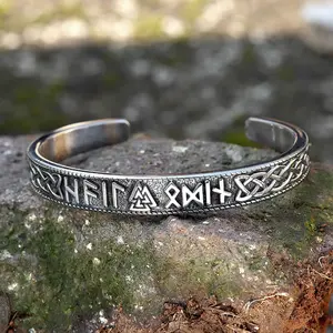 GTHIC Men's Stamped Futhark Runes Stainless Steel Viking Cuff Bracelet Valknut Accessories For Daily Wear