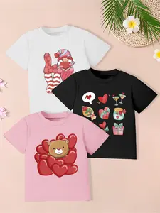 3-Pack Girls' Casual Cute Crew Neck Short-Sleeve T-Shirts | Valentine's Day Themed: Heart, Bear & Grid Patterns | Sweet Trendy Summer Outfits Graphic Print Tee