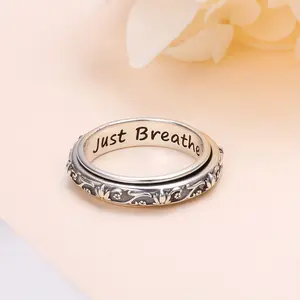 Spinner Fidget Ring S925 Sterling Silver Lotus Flower Yoga Just Breathe Anxiety Worry Band Oxidized Fidget Boredom ADHD Autism Rings For Women Men