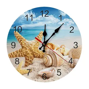 10 Inch Beach Starfish Wall Clock, Silent Non-Ticking Battery Operated Ocean Themed Clock, Coastal Seashell Decorative Round Clock for Living Room, Kitchen & Bathroom