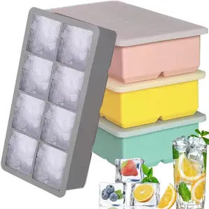Large Ice Molds with Lid, Square 8-Cavity 2 Inch Tray, Ice Cube Tray, Ideal for Refrigerating Whiskey Cocktails Tequila Drinks, Ice Cubes Maker