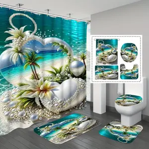 Tropical Heart Pearl Beach Shower Curtain with Palm Trees, Modern Straight Shower Rod, Wall Mounted, Print Pattern, No Ca Prop 65