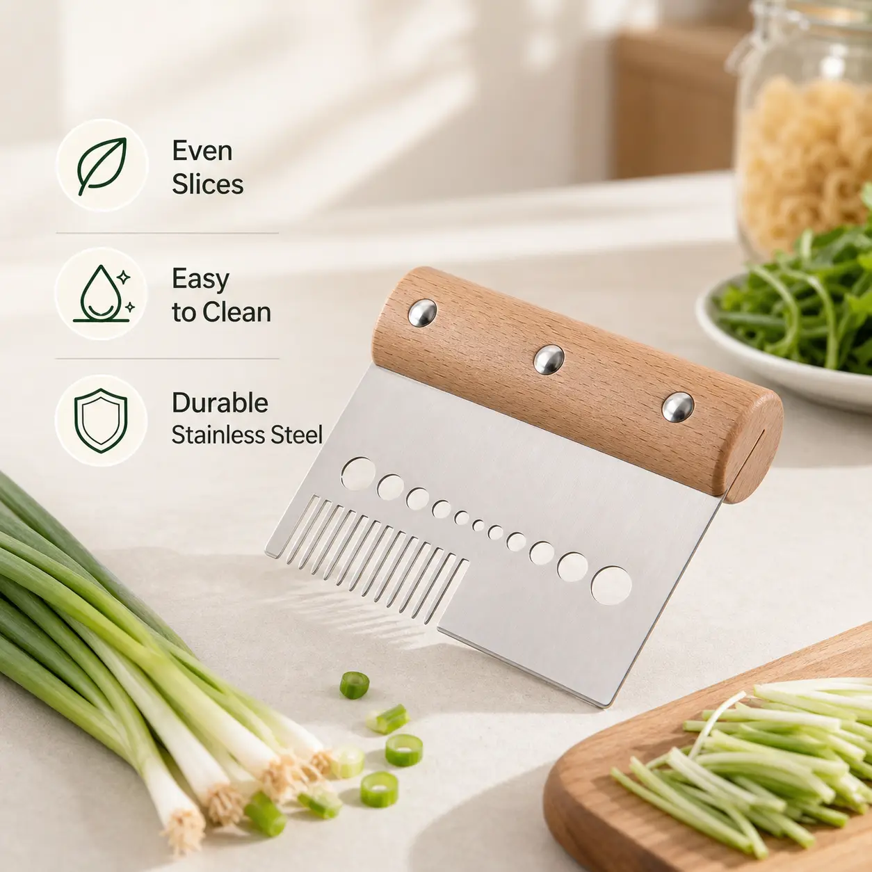 1 Count Multifunctional Vegetable Slicer, Stainless Steel with Wooden Handle for Kitchen Prepping Scallions, Herbs and Other Fresh Veggies
