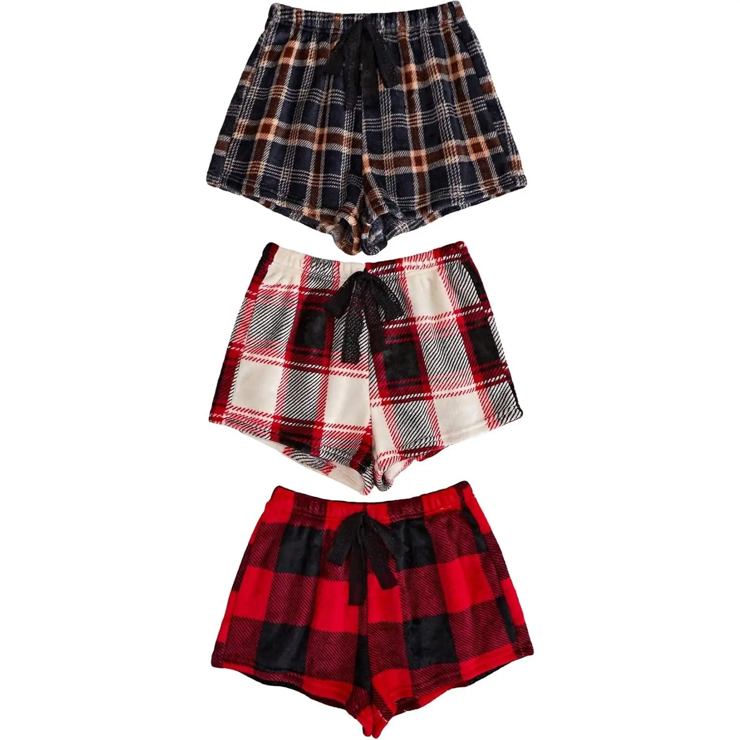 Women's 3 count Plaid Fuzzy Pajama Shorts Comfy fuzzy Plush Sleep Shorts Loungewear
