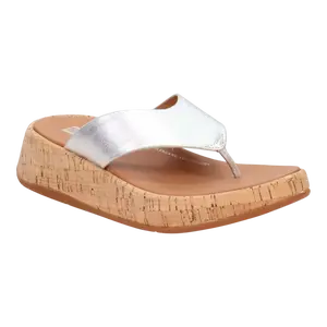 FitFlop F-Mode Leather/Cork Flatform Toe Women’s Sandals – Silver