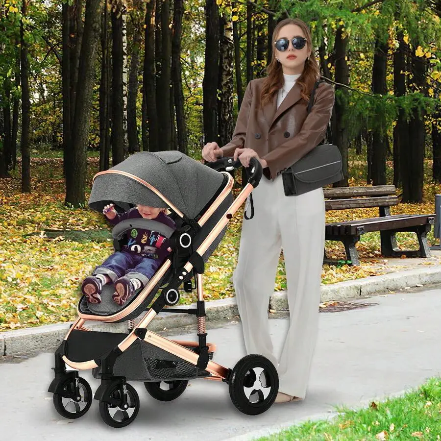 Unisex 2-in-1 Folding High Landscape Baby Stroller - Convertible Infant Carriage with Reversible Pram, Adjustable Canopy, Included Diaper Bag, Breathable Design, Plain Style, All-Terrain Travel Option for 0-3 Years Olds Up to 15 - 20 Kg