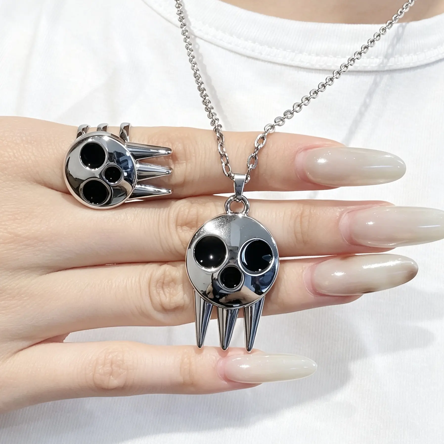 Aesthetic Cartoon Ghost Alloy Jewelry Set Ghost Pendant Necklace Adjustable Open Stackable Ring Gothic Streetwear Unisex Cos Outfit Accessory Trend Collectible Gift
