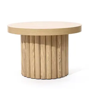 Brown Wood Fluted Round Coffee Table - Japandi-Inspired Minimalism with Organic Modern Aesthetic