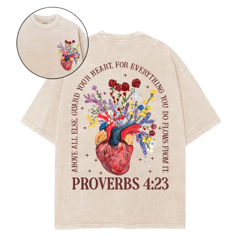 Guard Your Heart Proverbs 4:23 Christian T-Shirt Women | Jesus Christ Shirt Vintage Anatomical Heart Floral Graphic Tee | Oversized Mineral Wash Religious Freedom Apparel
