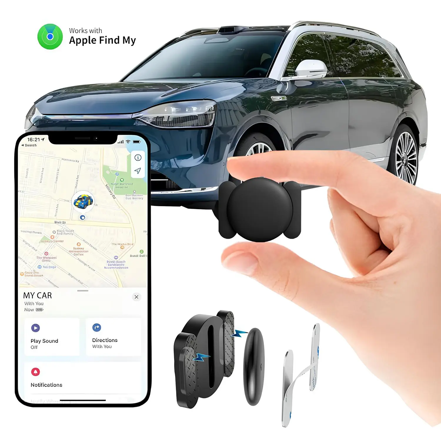 Apple Find My Compatible Bluetooth Tracker with Magnetic Silicone Case, Smart Item Locator for Keys, Wallets, Bags, Luggage & Backpacks, Compact Anti-Lost Tracking Tag with Strapless Protective Holder, Black