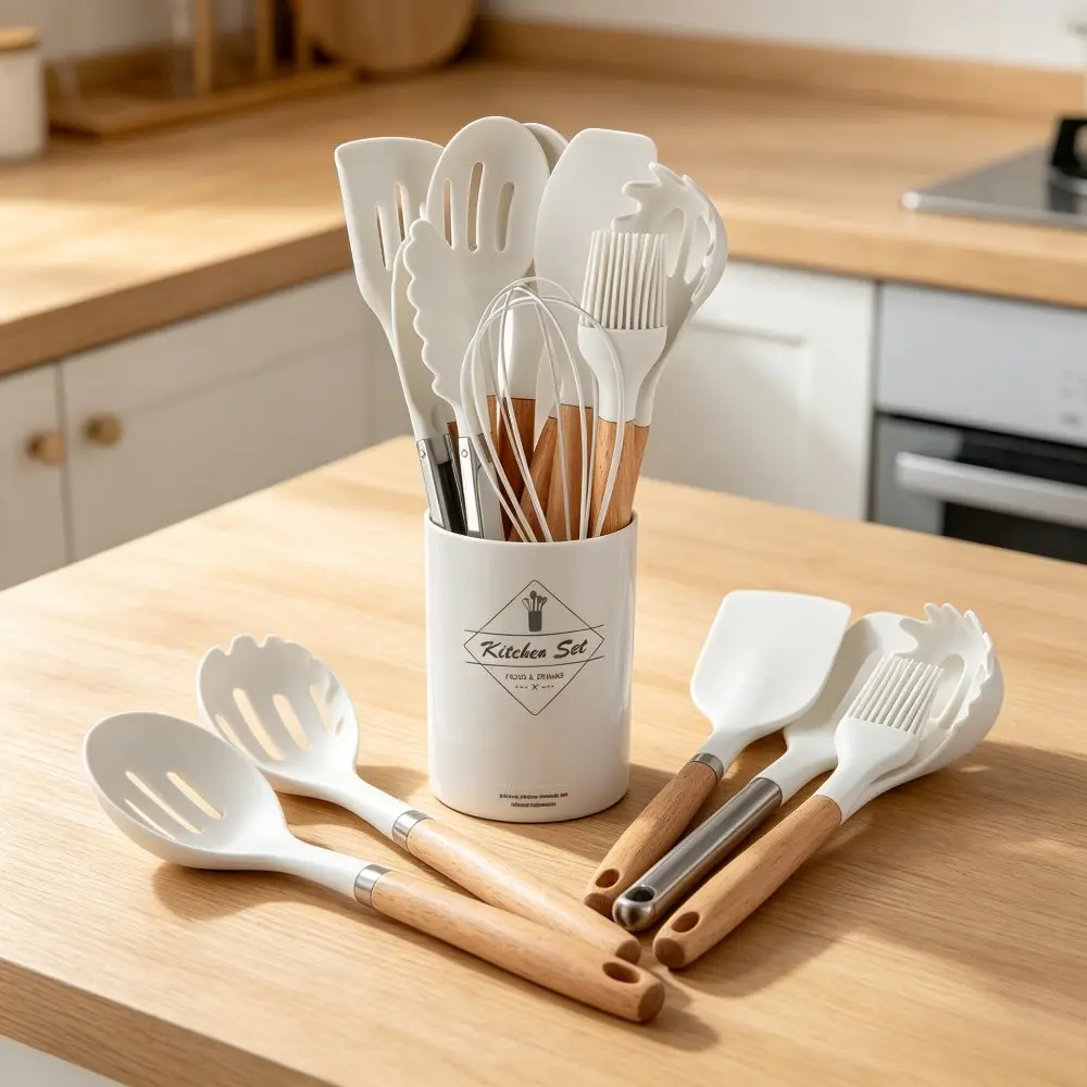 12PCS Silicone Kitchen Utensils Set with Wooden Handle, Non-Stick Cooking Spatula Spoon Whisk Tongs Pasta Server with Storage Holder, Heat Resistant Kitchen Gadget Tools Kit for Cooking Baking, Cookware Accessories Gift for Home Kitchen