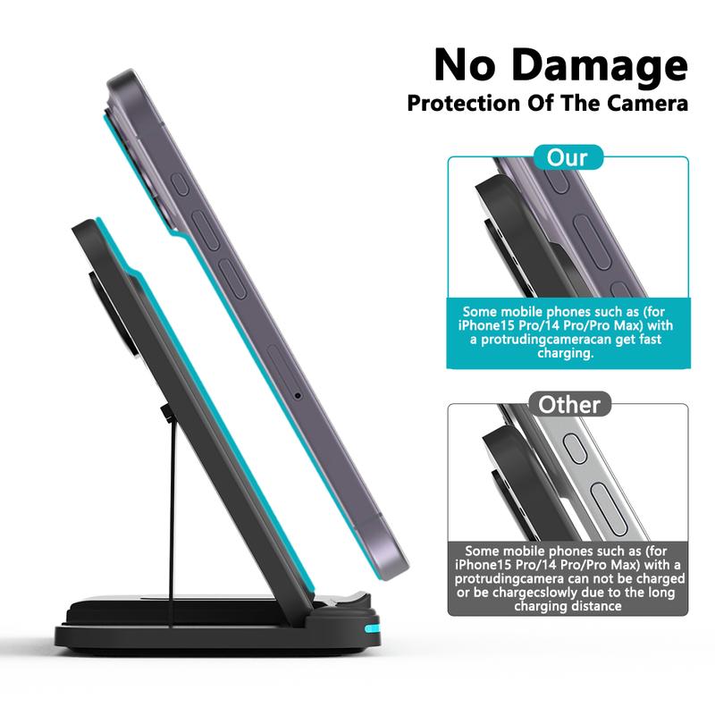 Folding 3-in-1 Wireless Charging Station 15W Fast Charger for IPhone 16-11, IWatch Ultra10-2/SE, AirPods 4-2/Pro, and Qi-compatible phones