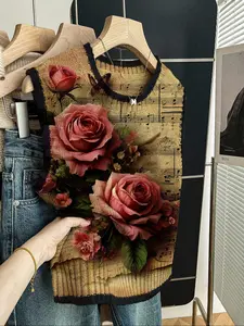 Women's Casual Loose-Fitting Round Neck Sleeveless Knit Top Vests, Fall Winter Fashion, Floral Print, Outdoor Wear