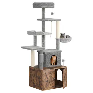 Cat Tree with Litter Box Enclosure Large, Multilevel Cat Play House with Large Condo, Spacious Hammock, Cozy Top Perch,Scratching Post and Dangling Balls